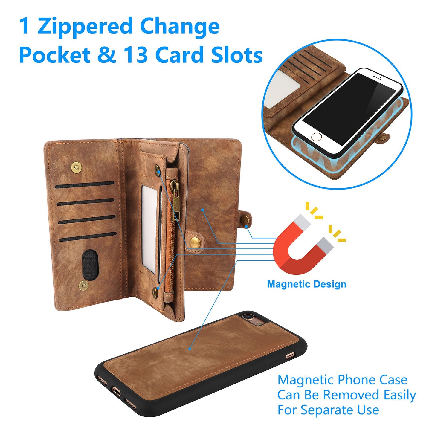 iPhone 8 Wallet Case with 13 Card Slots & Detachable Cover