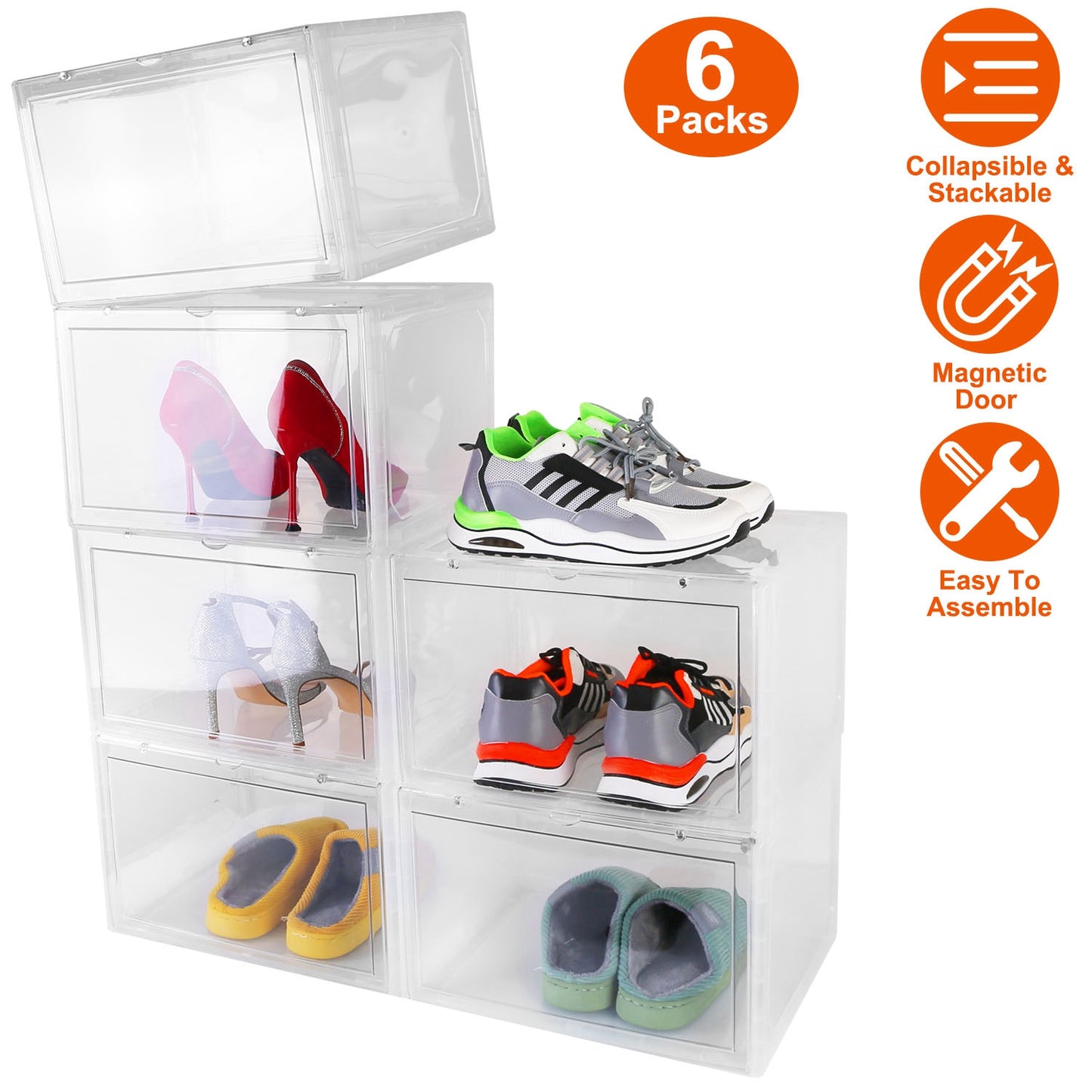 Stackable Shoe Storage Box with Magnetic Door - 6 Pack