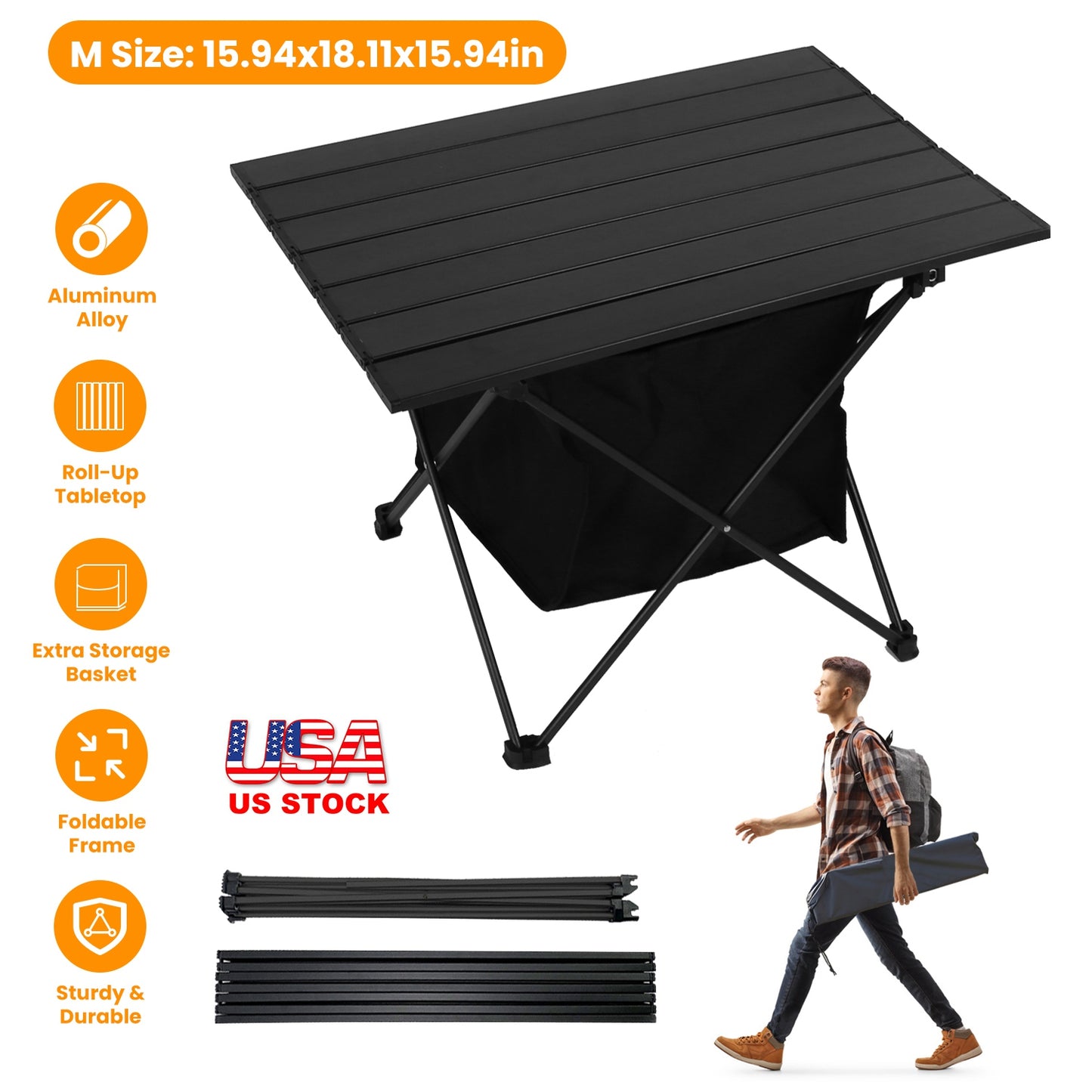 Foldable Camping Table with Storage Basket and Carrying Bag