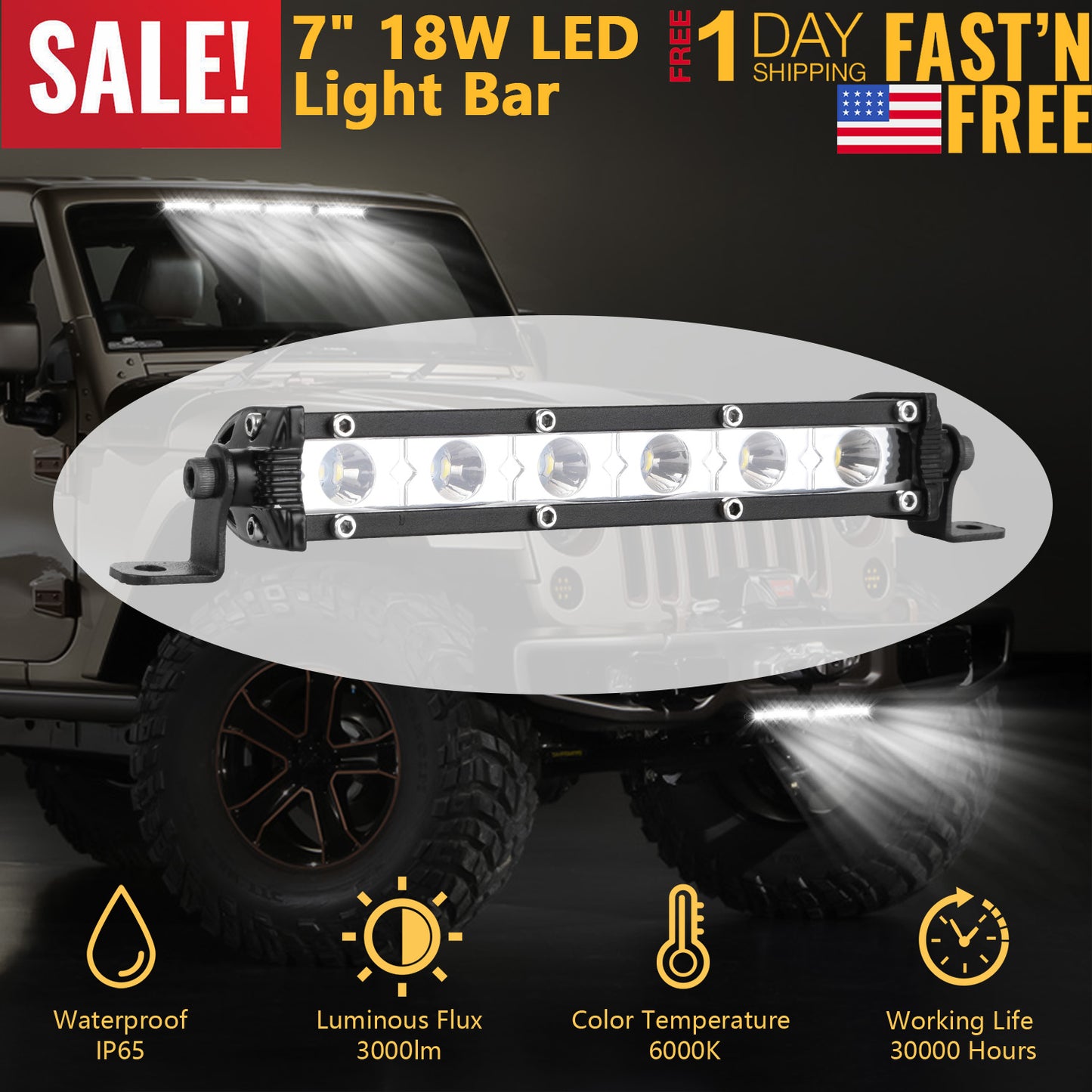 7" LED Light Bar 18W Spot Beam for Offroad Trucks & SUVs