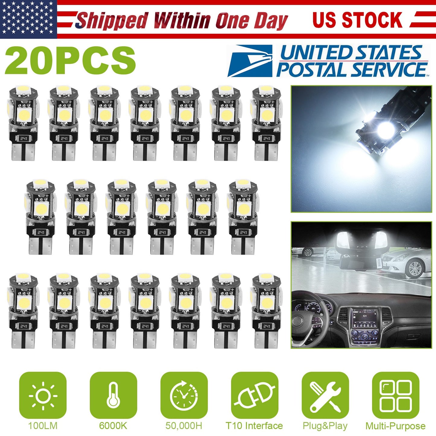 T10 LED Light Bulbs 20-Pack 6000K White Car Interior Lights