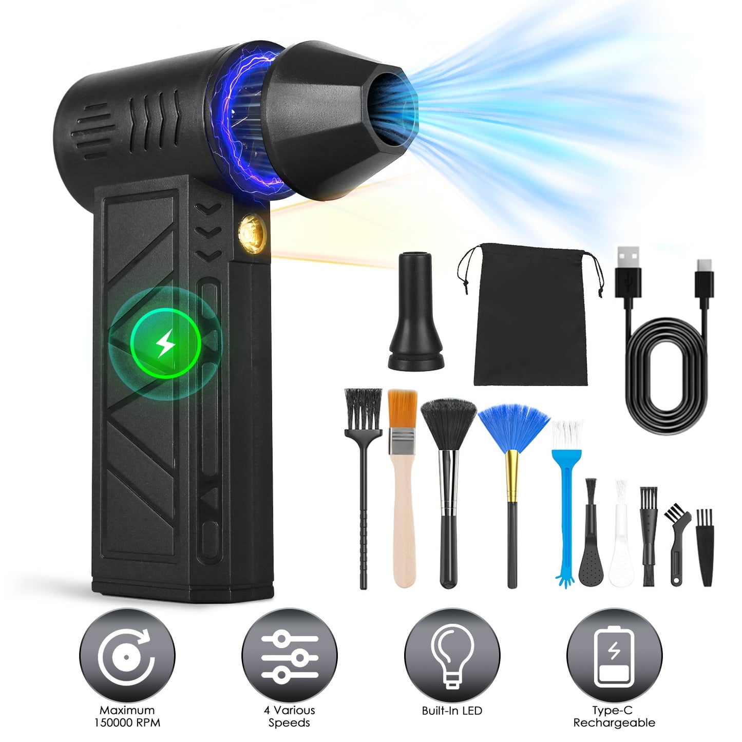 Compressed Air Duster with LED Light – 150000RPM Cordless