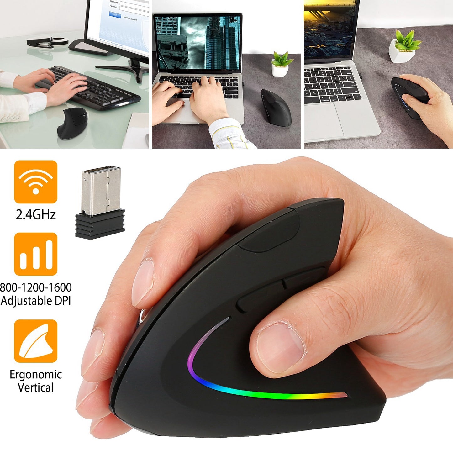 Wireless Vertical Mouse with Ergonomic Design & 6 Buttons