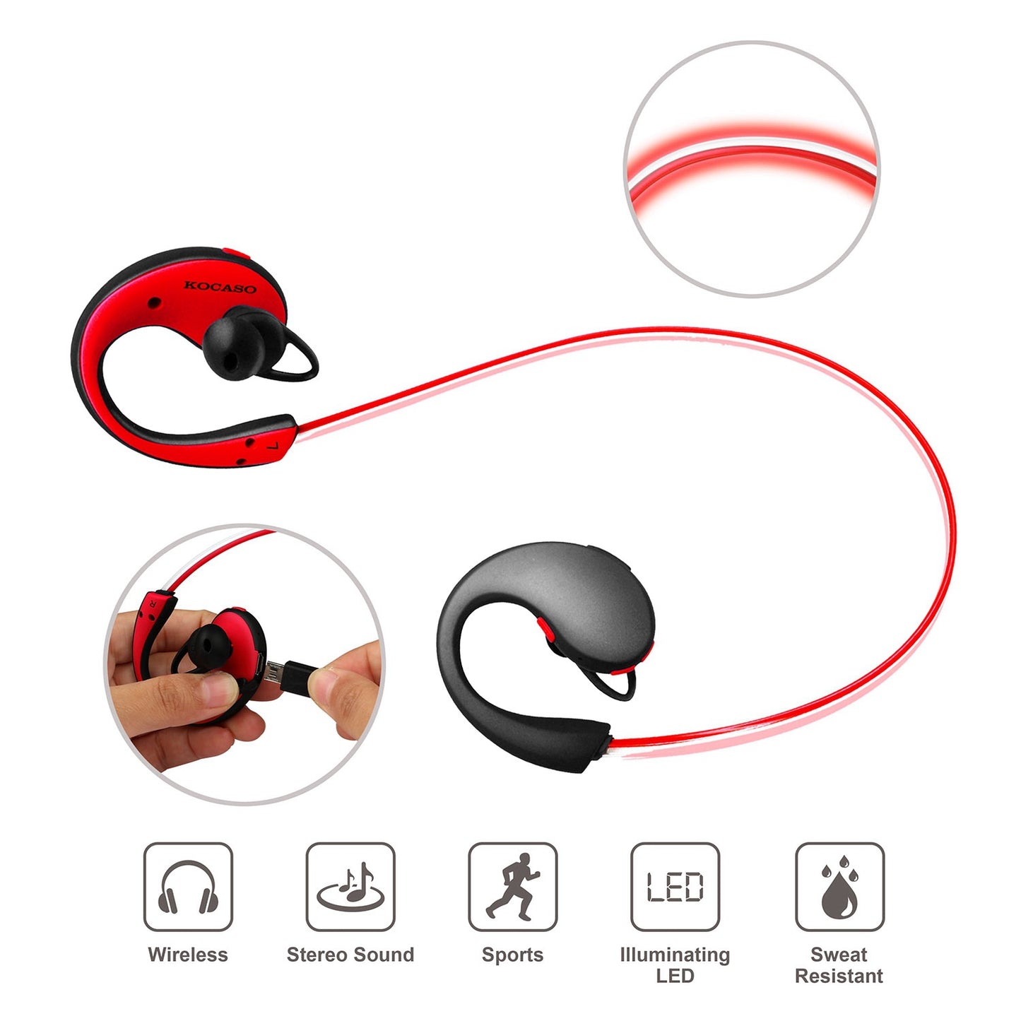 Wireless Sports Neckband Earphones with LED Light & Mic