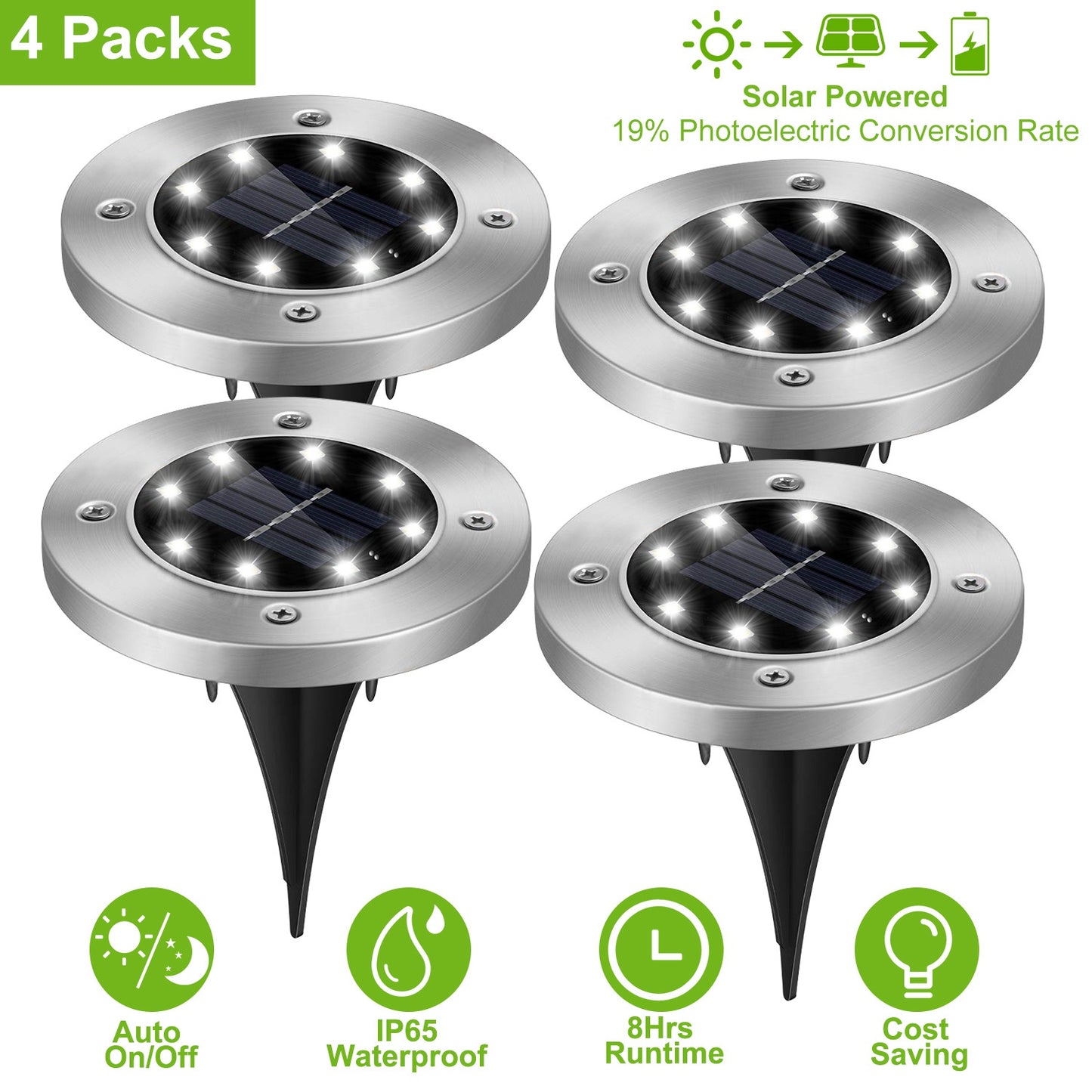 Solar Powered Ground Lights 4-Pack Waterproof Outdoor Path
