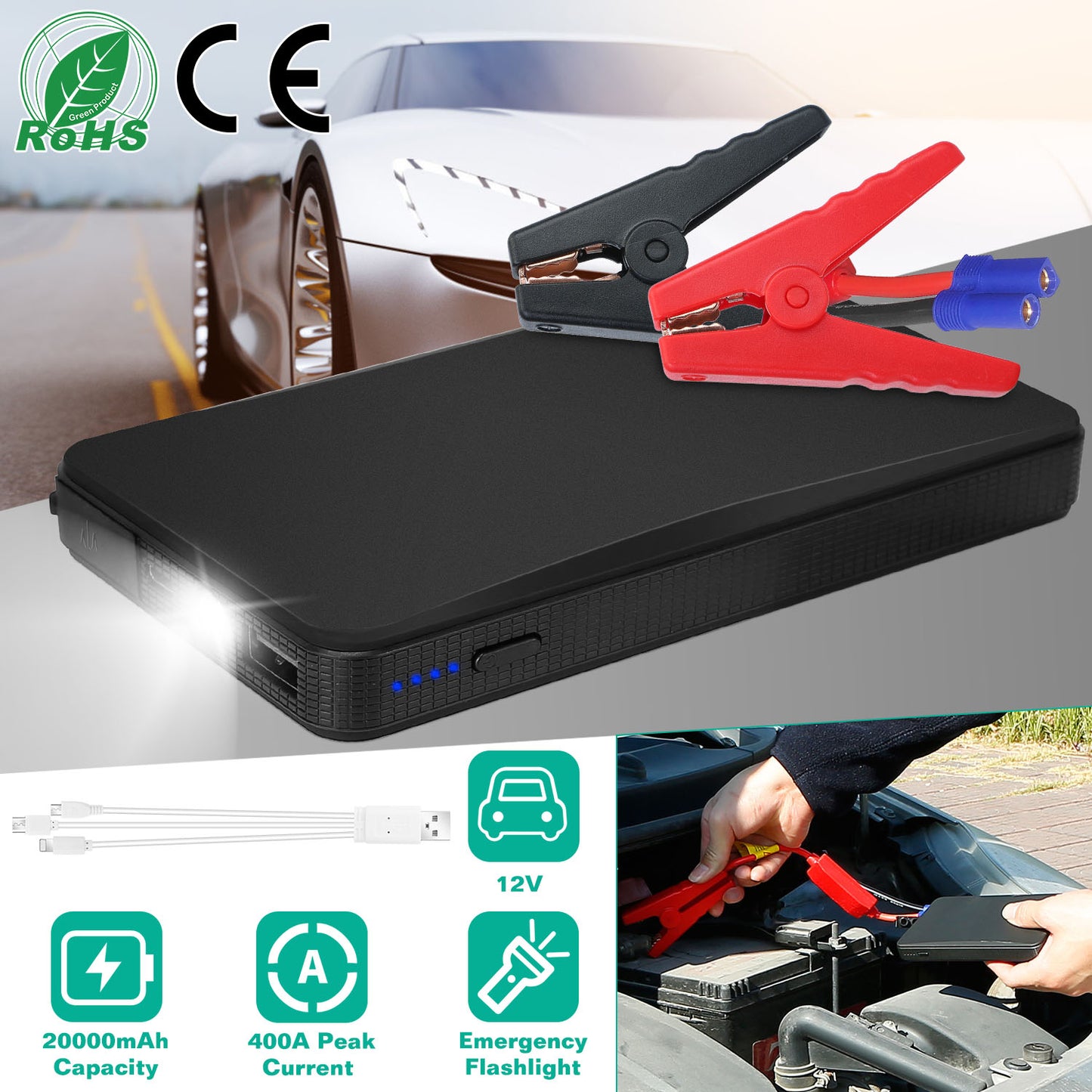 Car Jump Starter 400A Peak 20000mAh with LED Flashlight