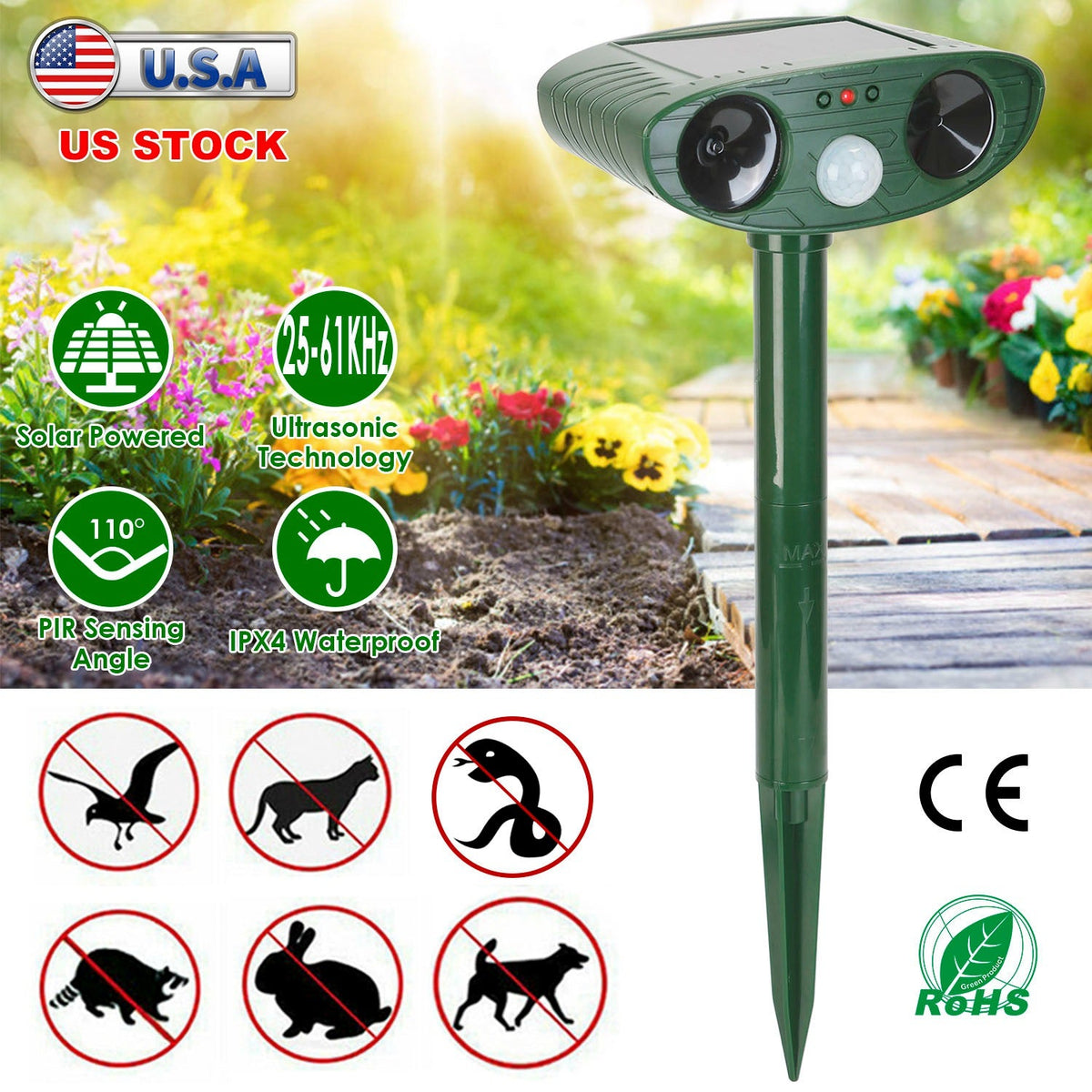 Solar Ultrasonic Animal Repeller PIR Motion Sensor Animal Repellent Chaser IPX4 Waterproof for Farm Garden Yard to Drive Raccoon Squirrel Rat Skunk Ra