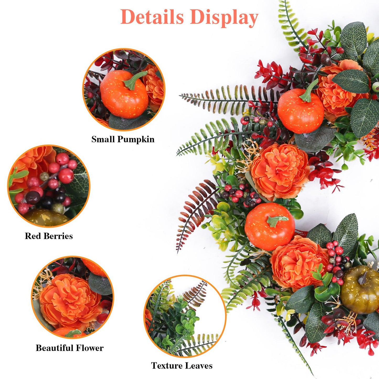 Autumn Wreath with Pumpkin and Mixed Leaves 17.71 Inch