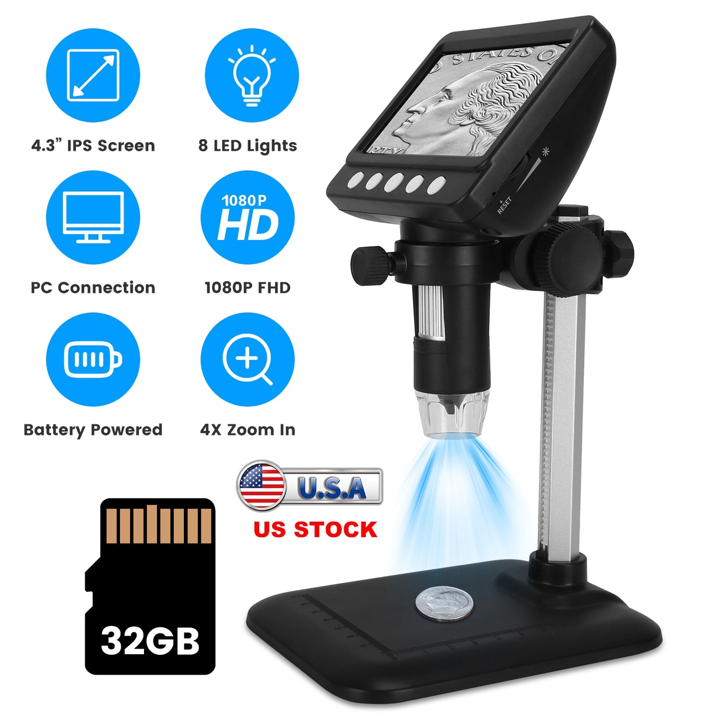 Digital Microscope 1000X with 4.3" LCD Screen and LED Lights