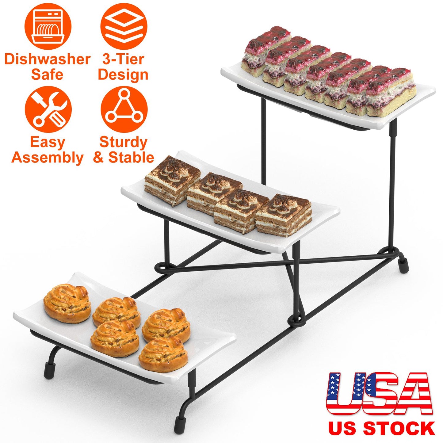 3-Tier Serving Tray with Adjustable Stand - White & Black