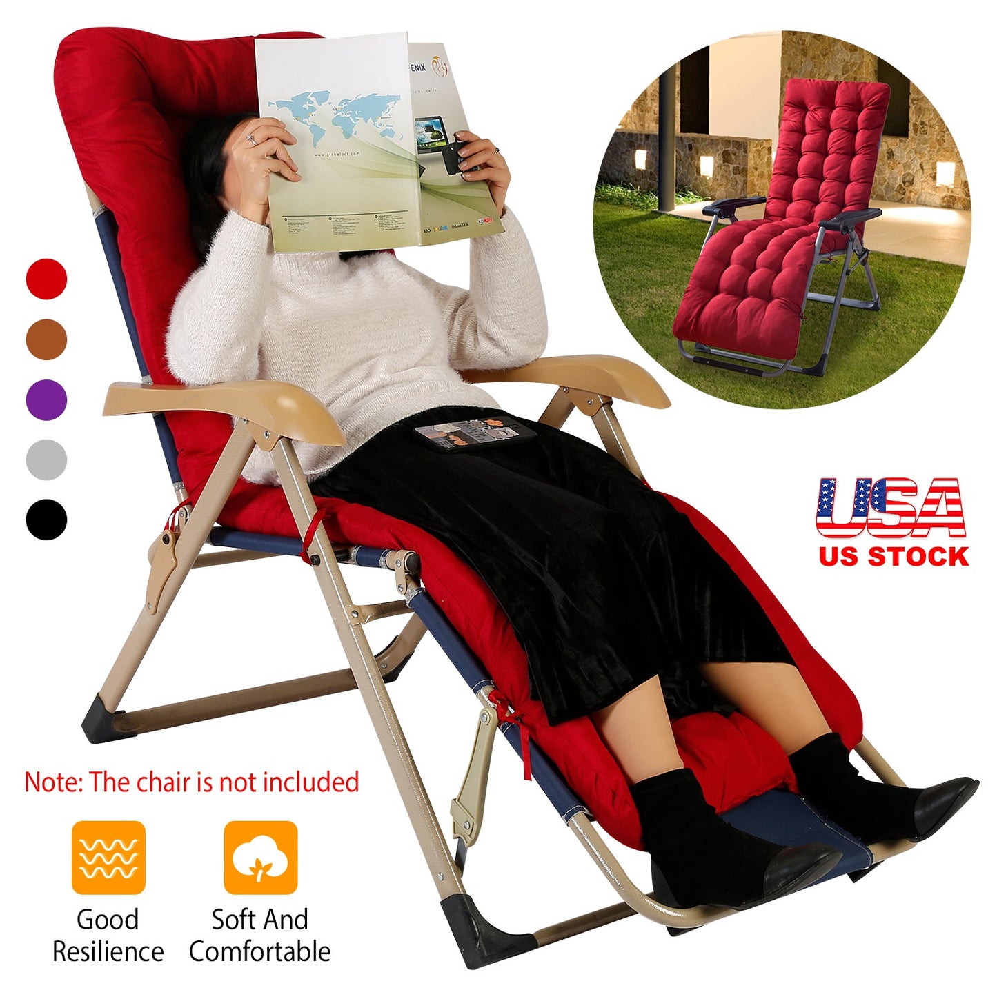 Chaise Lounger Cushion 67x22in with Secure Straps