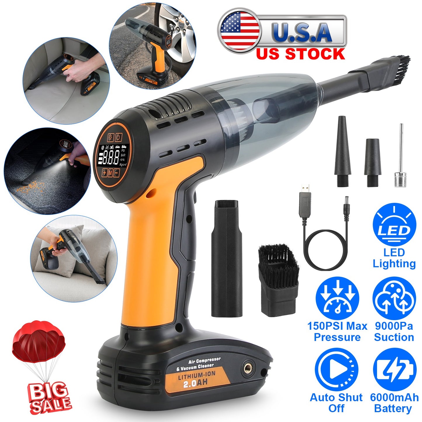 4-in-1 Cordless Car Vacuum Cleaner & Tire Inflator with LED