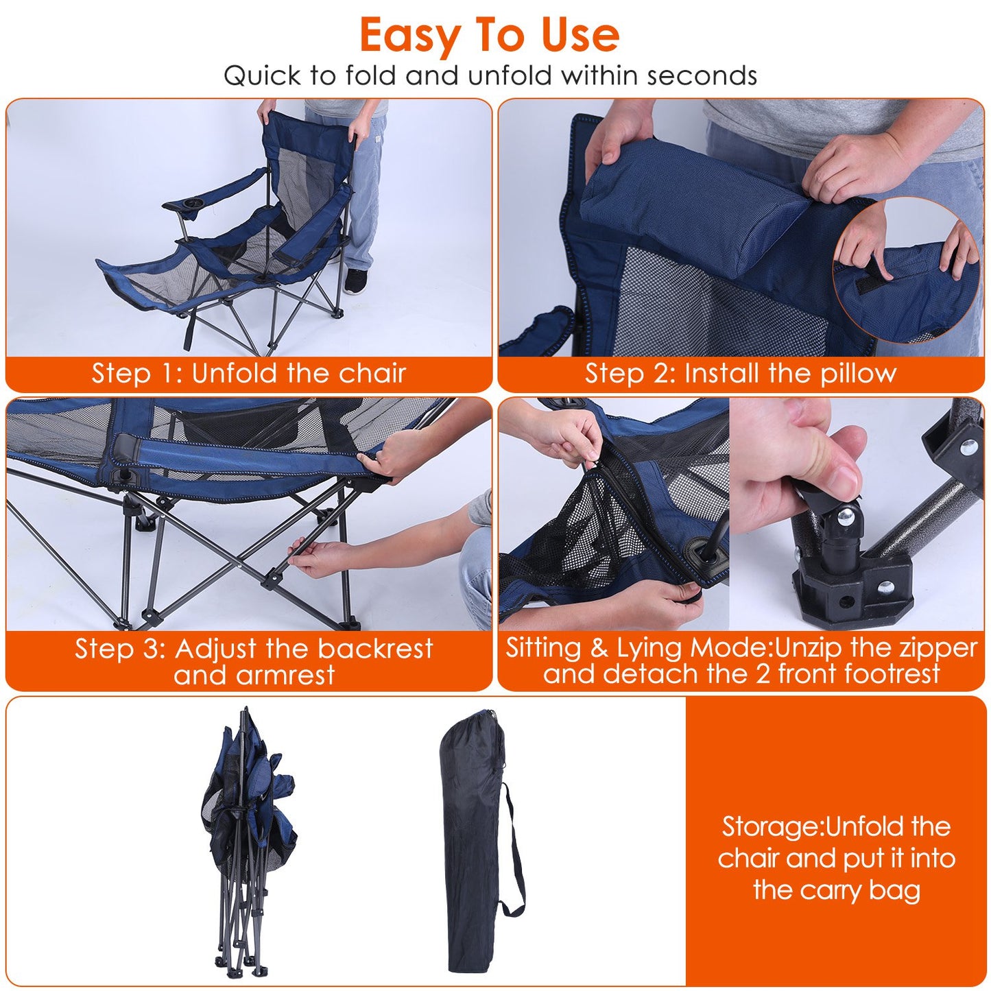 Foldable Camping Chair with Reclining Backrest - 330 LBS Capacity