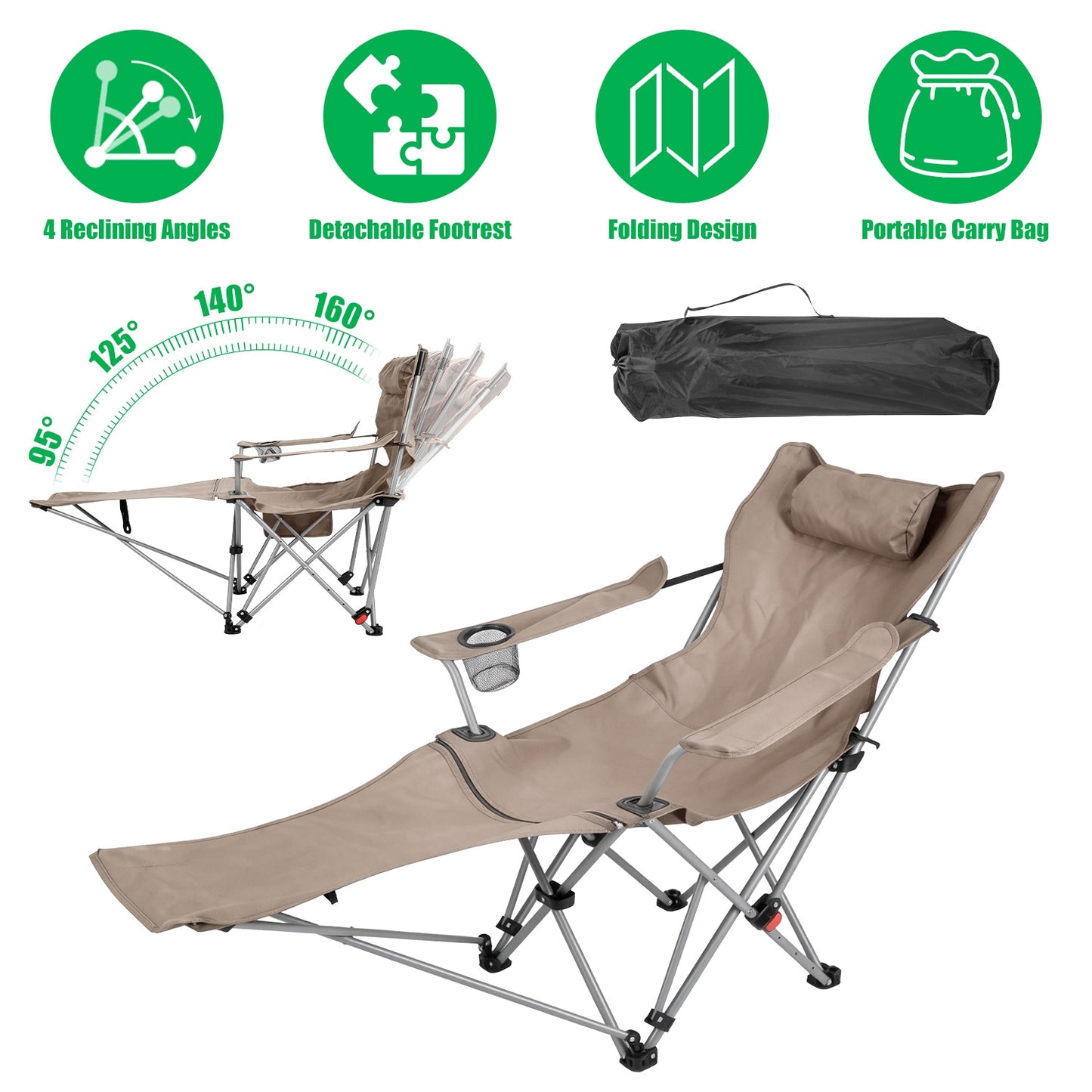 Reclining Camping Chair with Footrest - 4-Position Adjustable