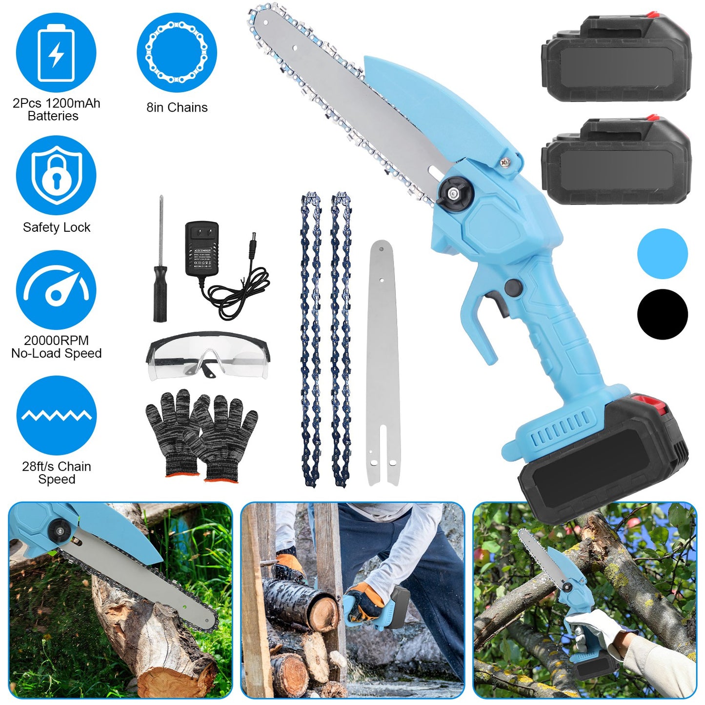 Mini Chainsaw Cordless 8-Inch with 2 Batteries and Accessories