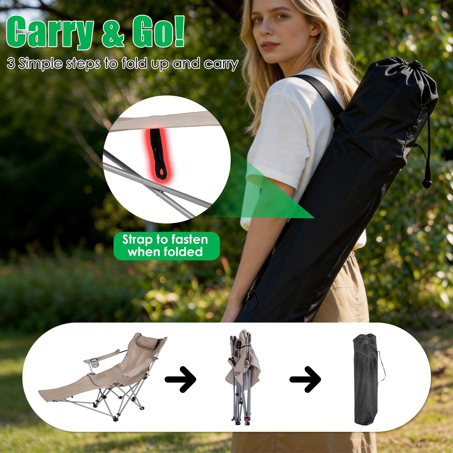 Reclining Camping Chair with Footrest - 4-Position Adjustable