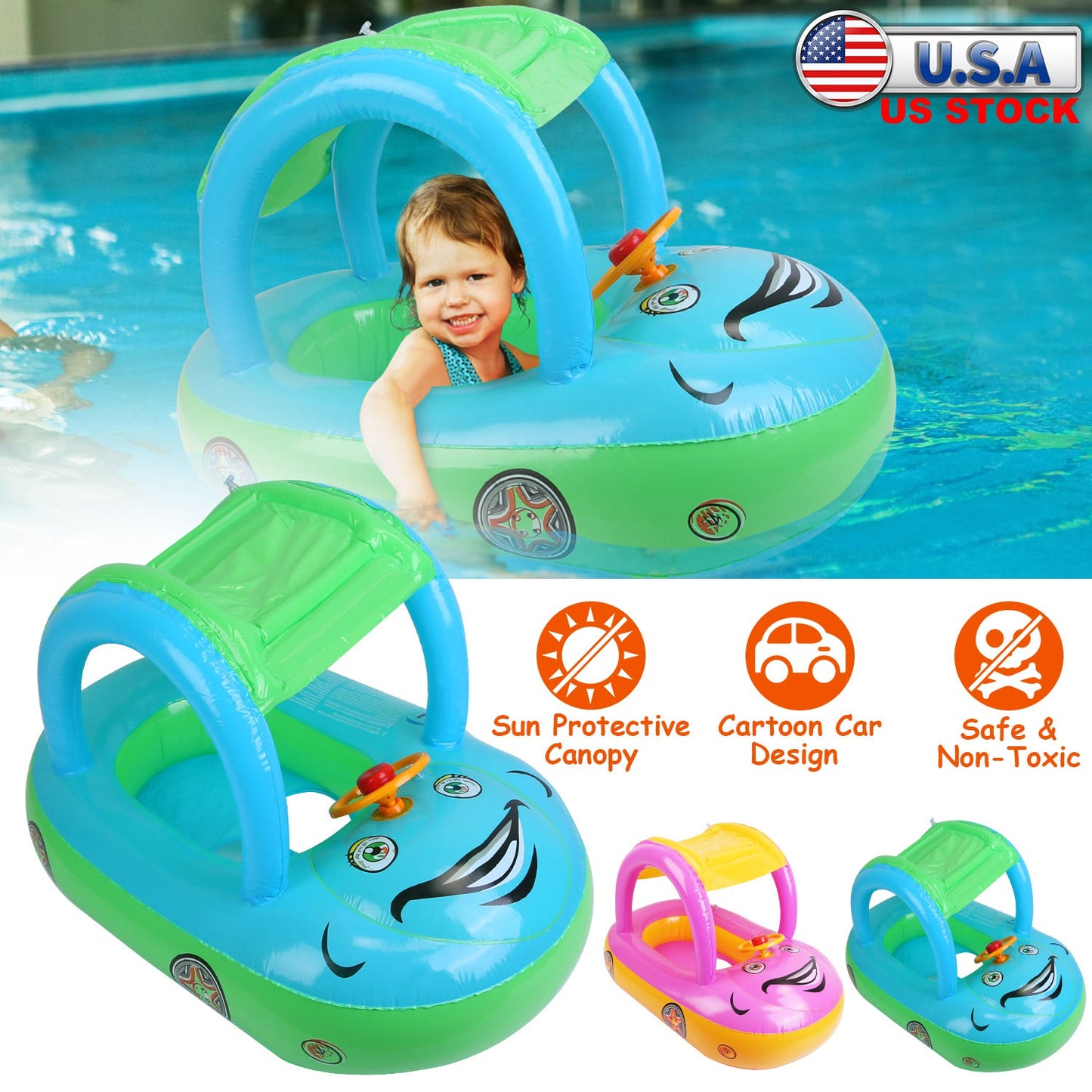 Baby Pool Float with Sun Canopy - Car Shaped Swim Ring