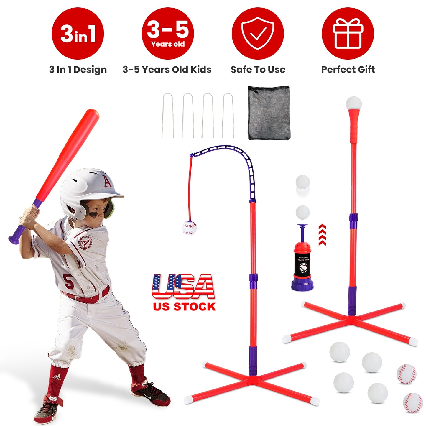3-in-1 Baseball Toy Set with Adjustable Tee & Launcher