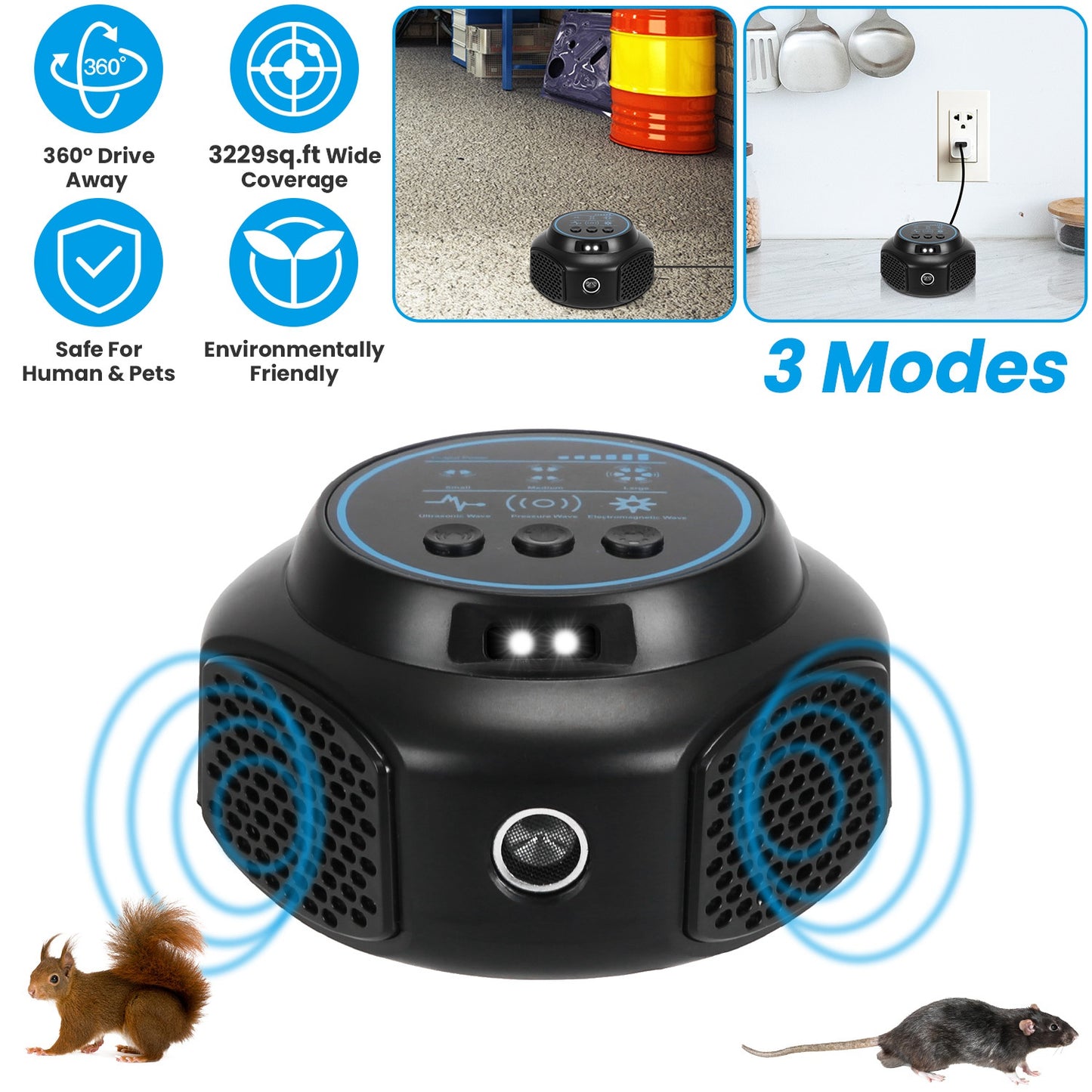 Ultrasonic Rodent Repeller with 3 Modes & Strobe Lights