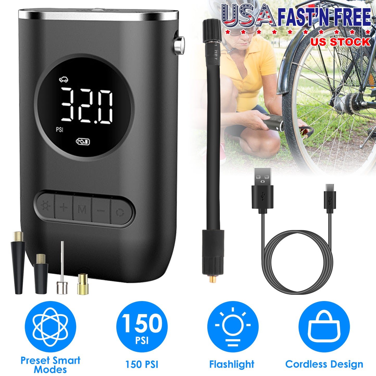 Portable Tire Inflator Pump 150 PSI Wireless with LED Light