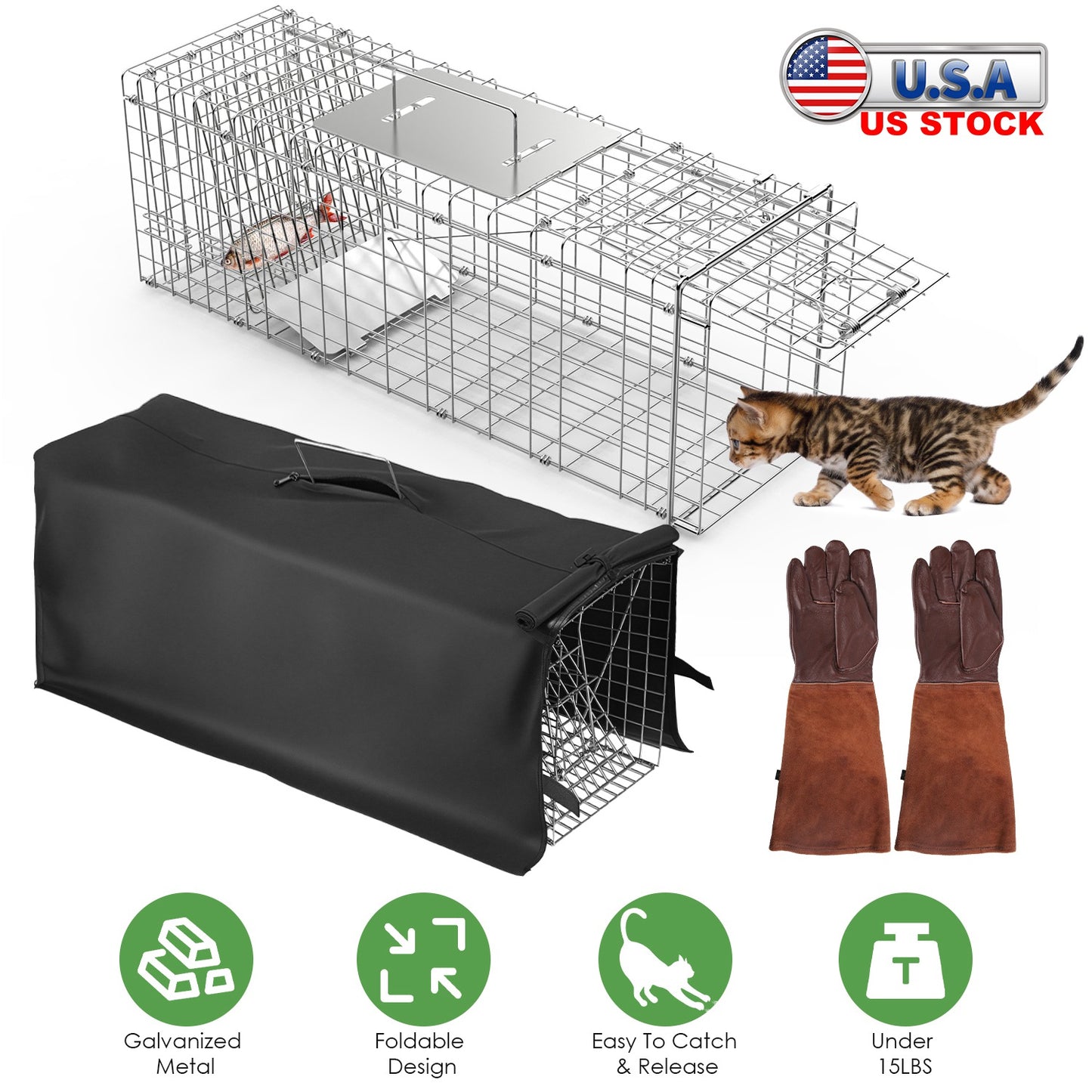 Live Animal Trap Cage 31" Folding with Waterproof Cover