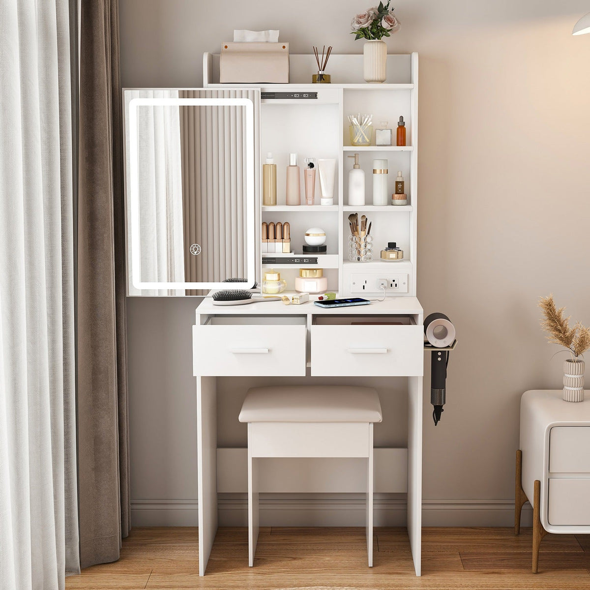 Vanity Desk Set with LED Lighted Mirror & Padded Stool