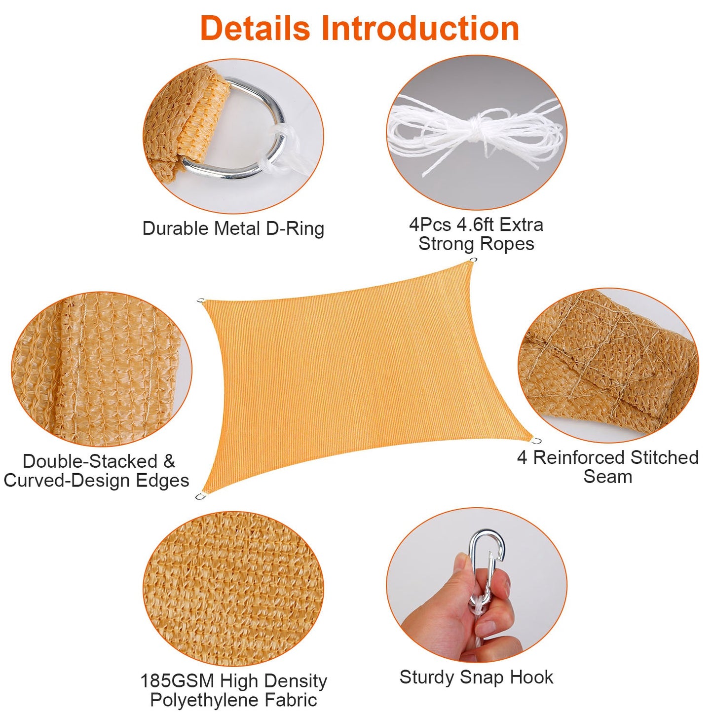 Rectangle Sun Shade Sail 98% UV Block HDPE Canopy with Ropes