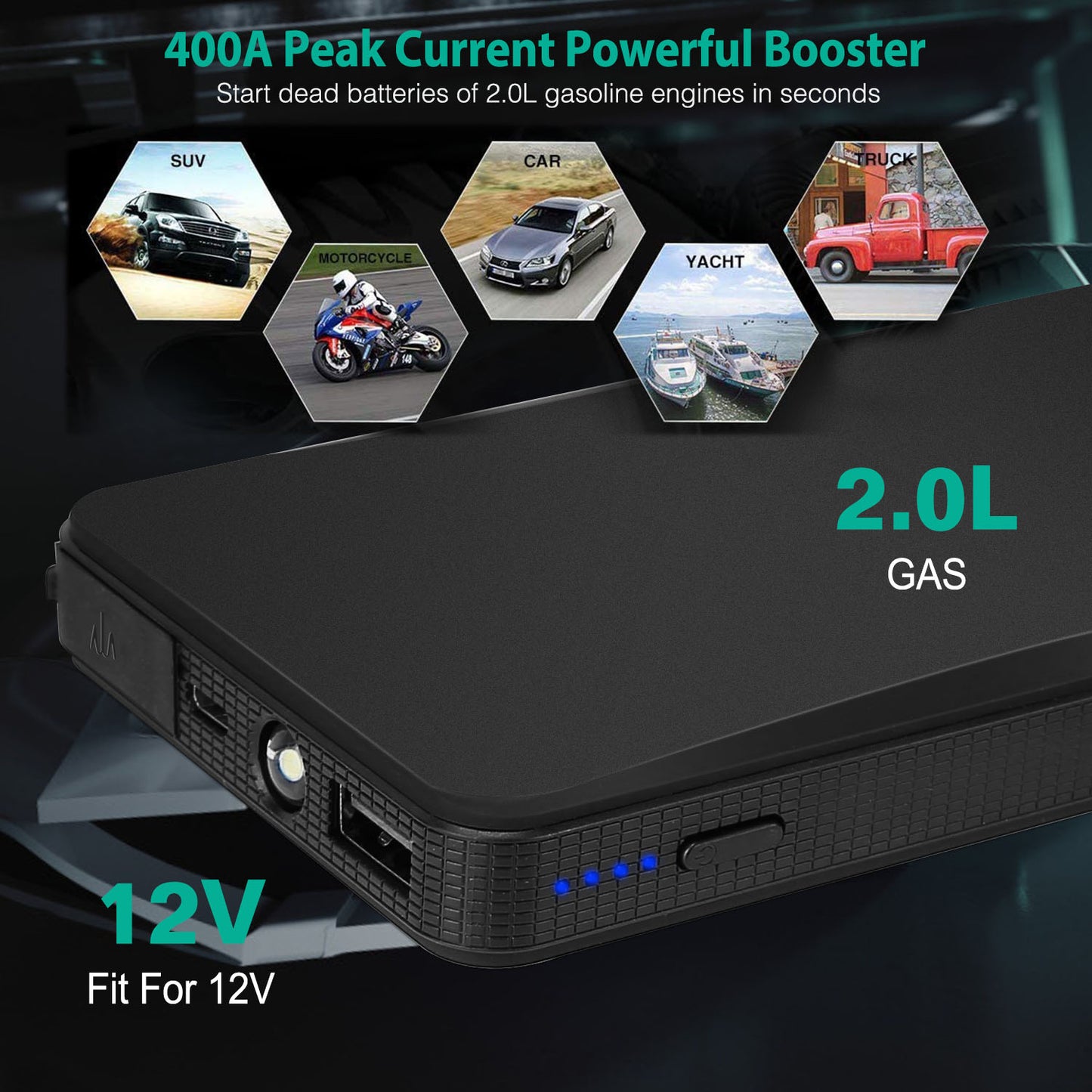Car Jump Starter 400A Peak 20000mAh with LED Flashlight