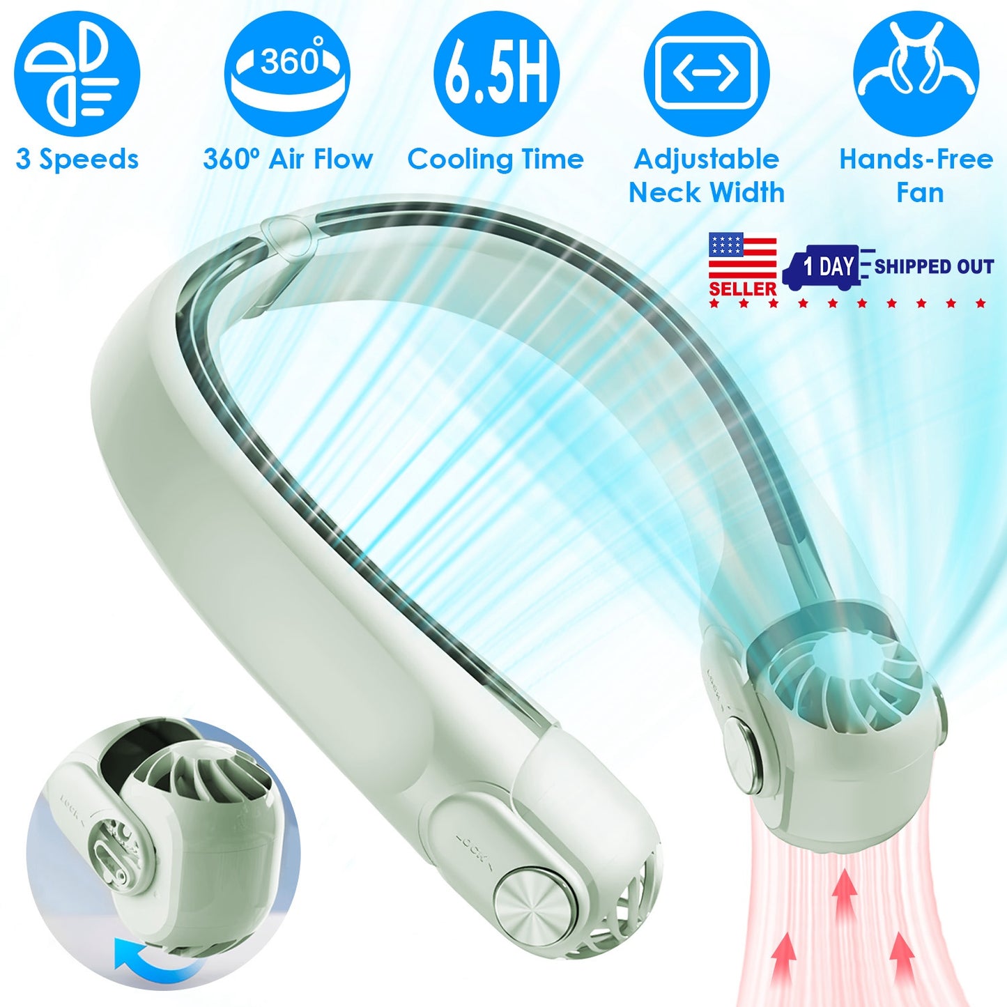 Portable Neck Hanging Fan with 360° Airflow & 3 Speeds
