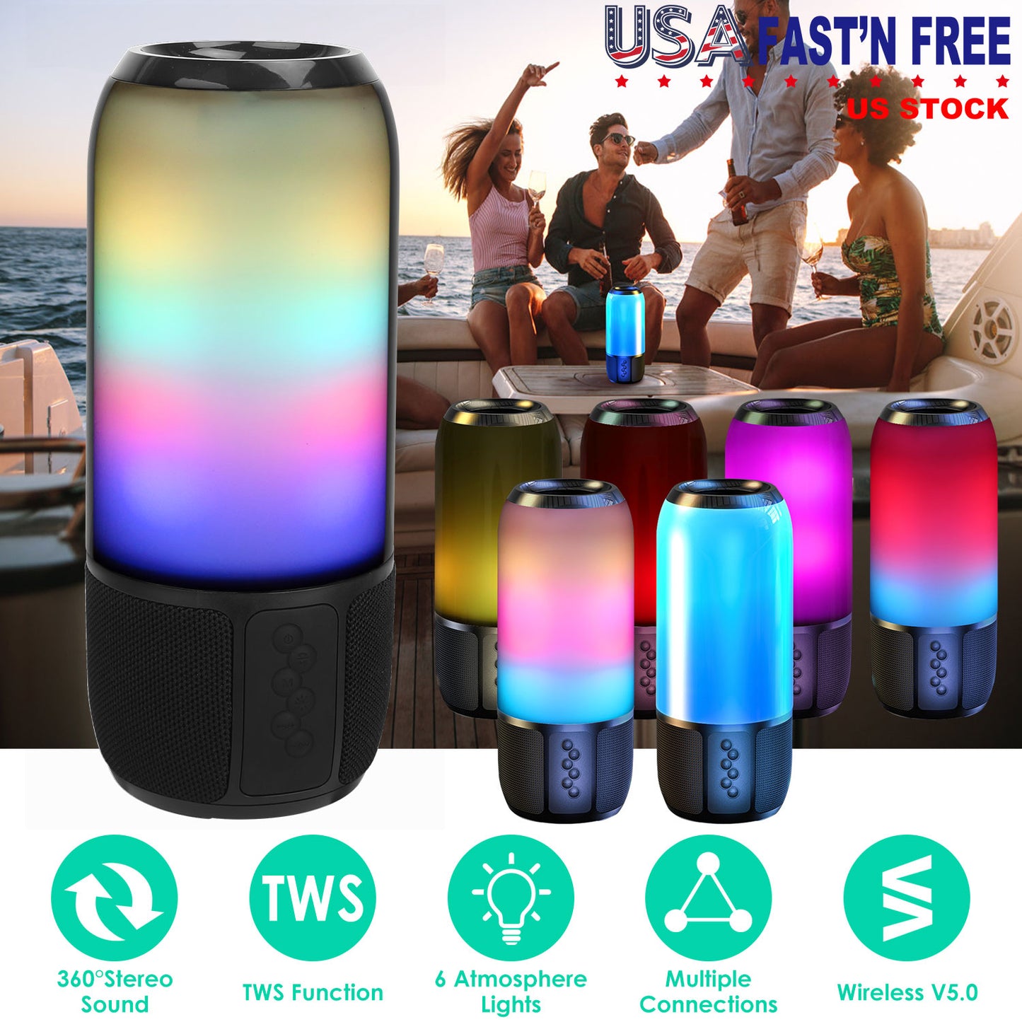 Portable Bluetooth Speaker with 6 Color LED Lights & Stereo Sound