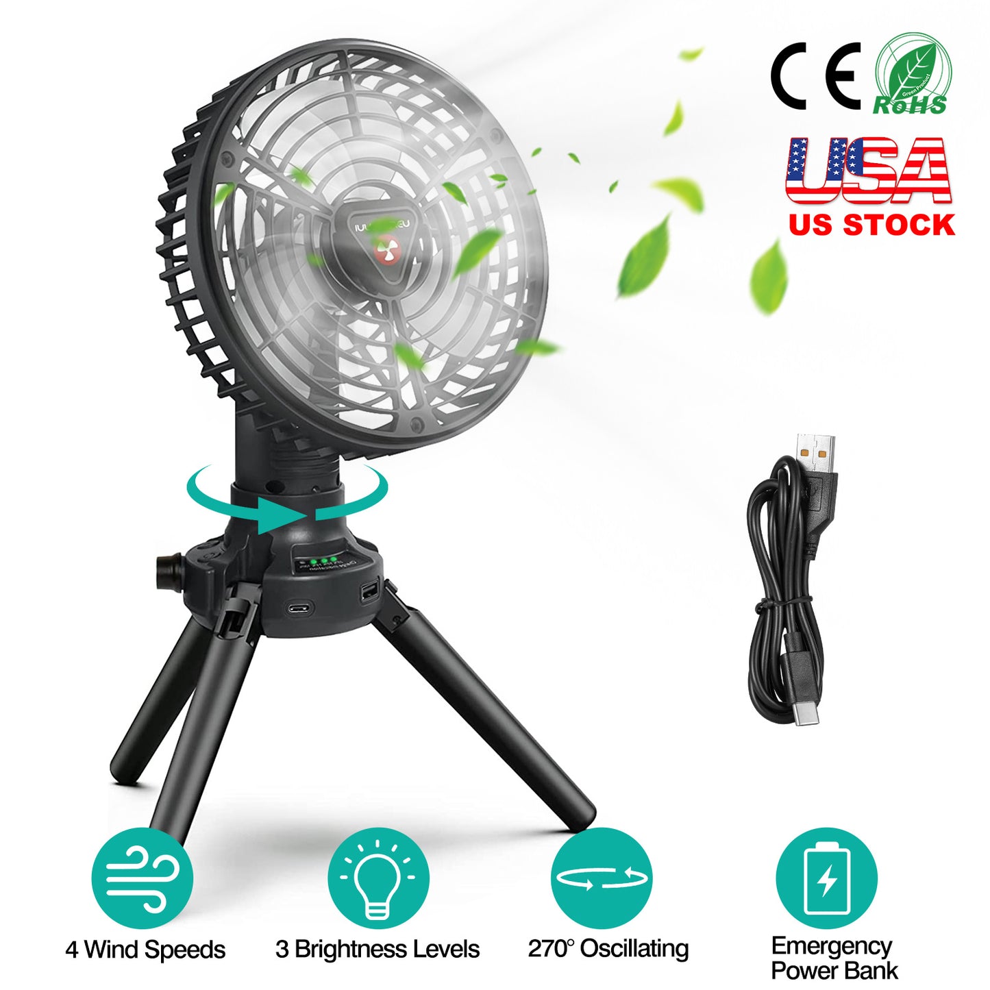 Camping Fan with LED Light & Power Bank - 270° Oscillating