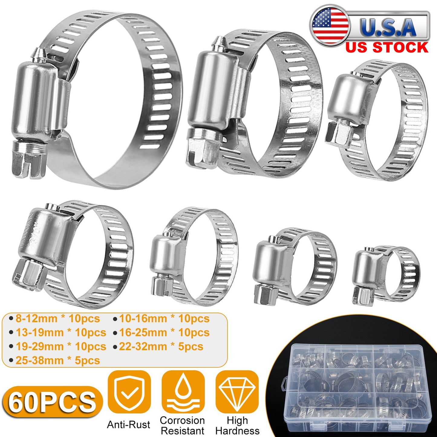 Hose Clamp Set 60-Piece Stainless Steel Adjustable Kit