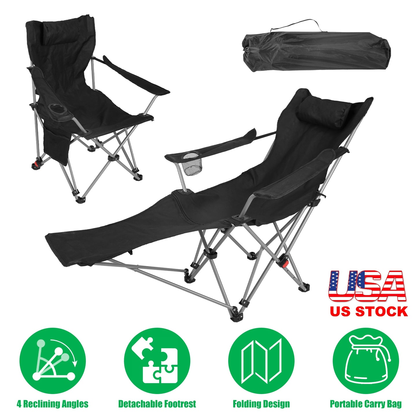 Reclining Camping Chair with Footrest - 4-Position Adjustable