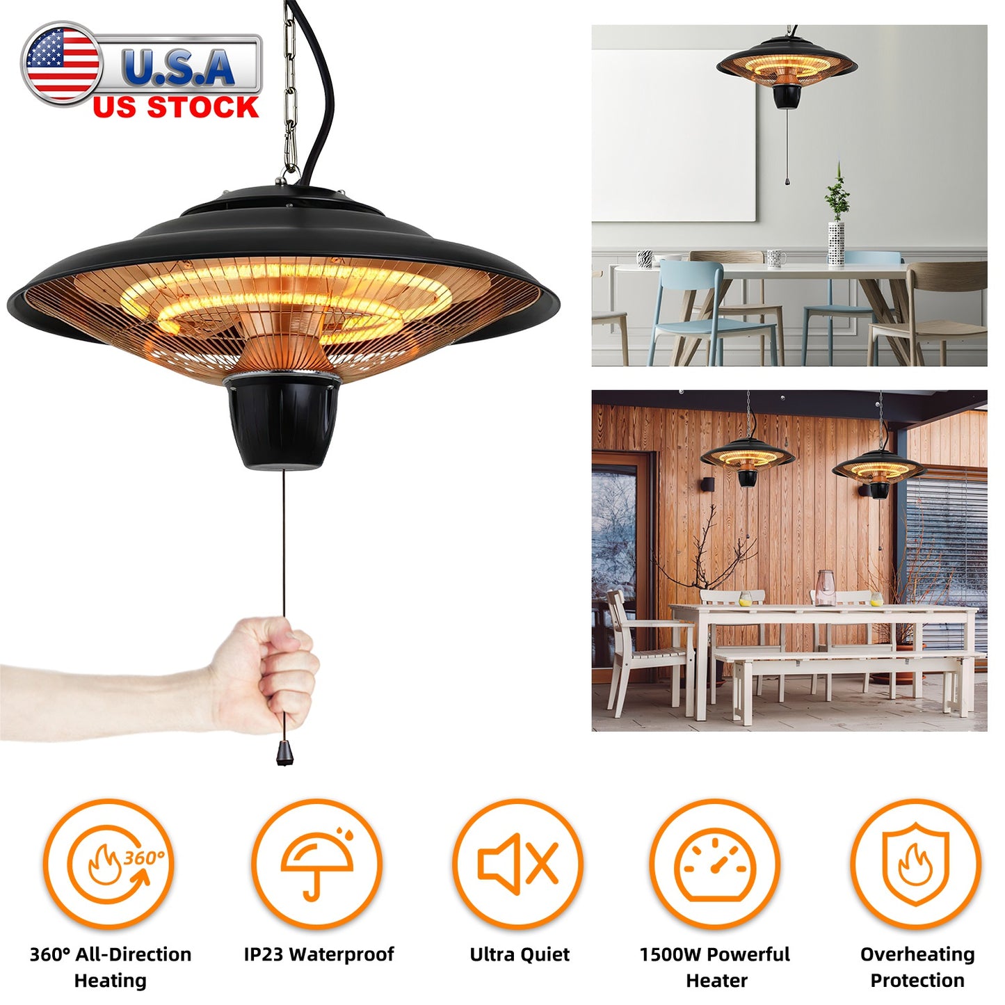 1500W Hanging Patio Heater with IP23 Waterproof & 2 Heat Levels
