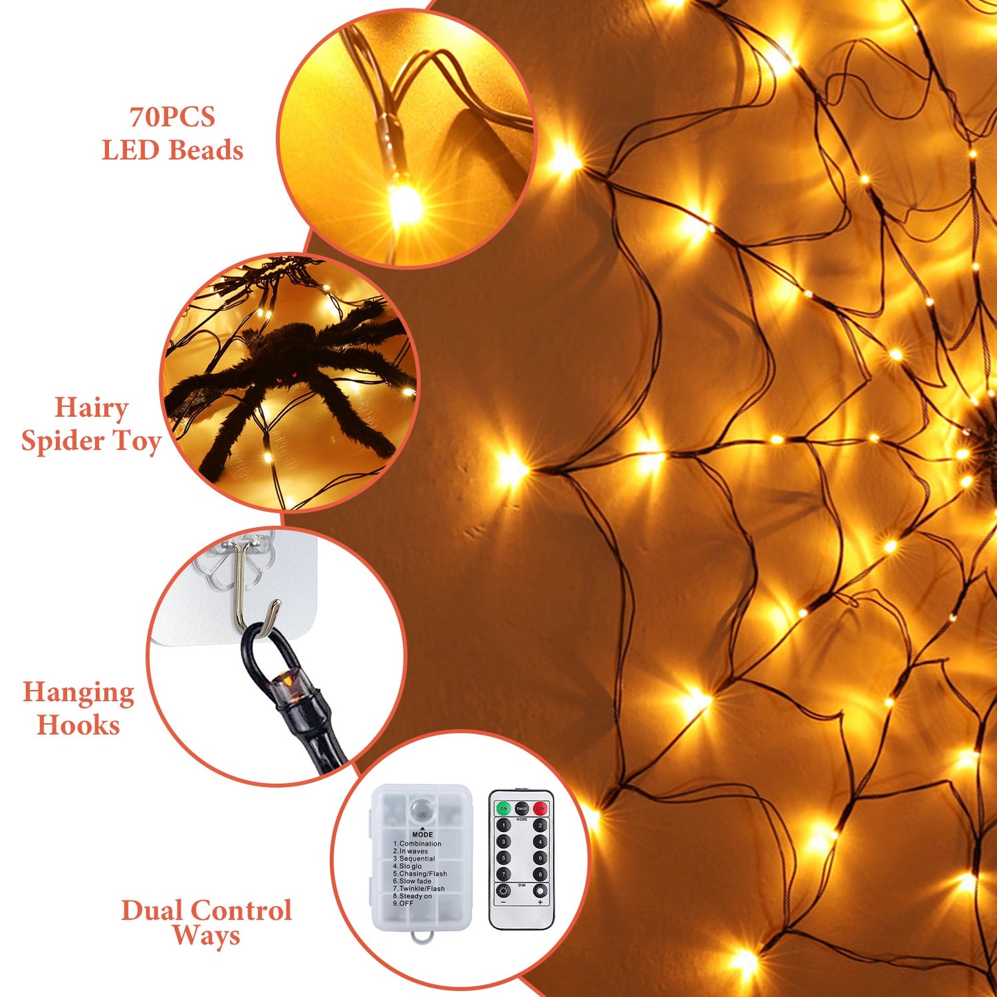 Spider Web Light with Hairy Spider - 70 LED Halloween Decoration