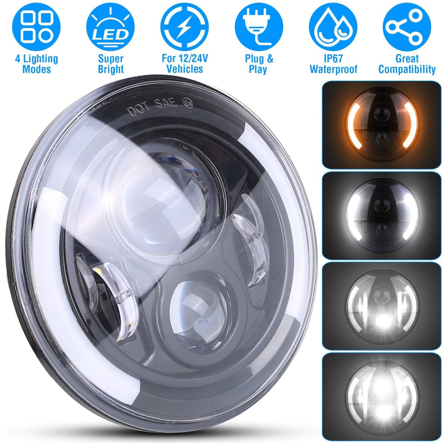 7 Inch Round LED Headlight with Halo DRL & Turn Signal