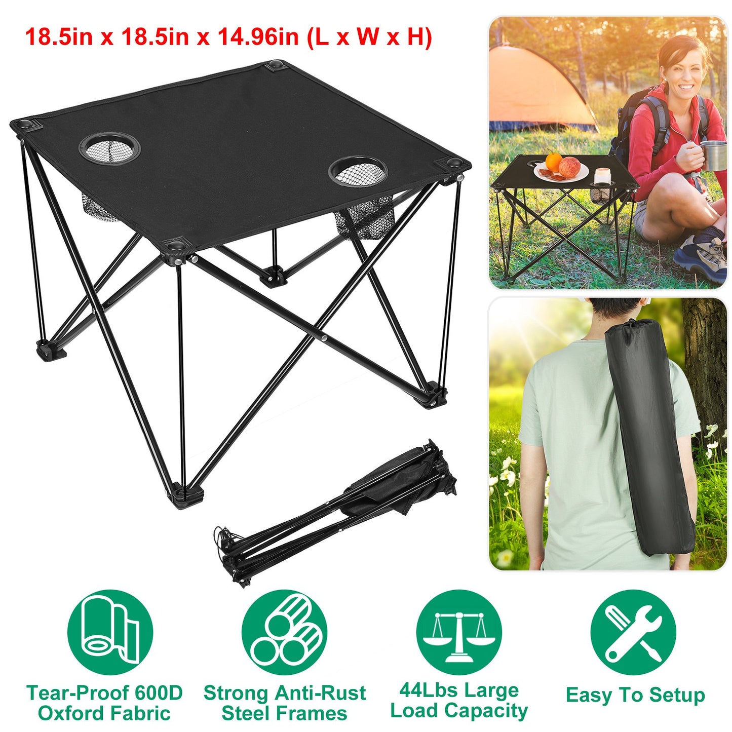 Foldable Camping Table with Cup Holders & Carry Bag (2-Pack)