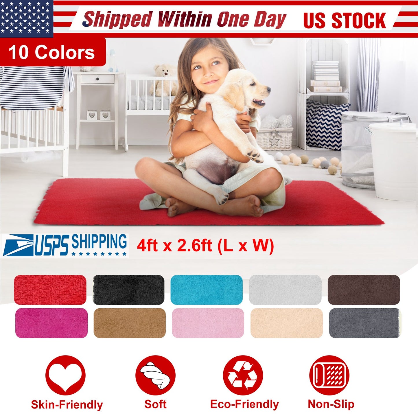 Shaggy Area Rug 4' x 2.6' Anti-Slip Soft Polyester Floor Mat