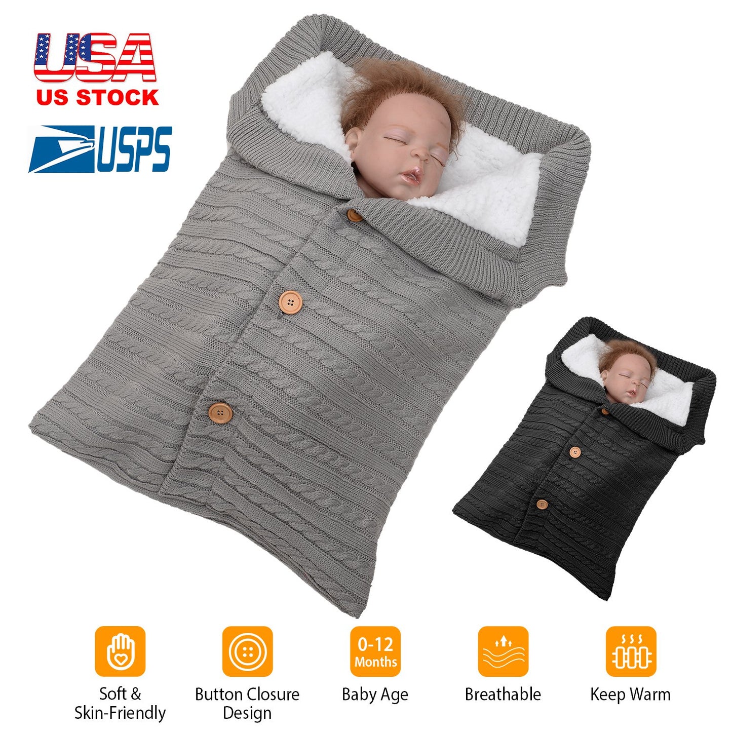 Baby Knit Swaddle Blanket with Button Closure 0-12 Months