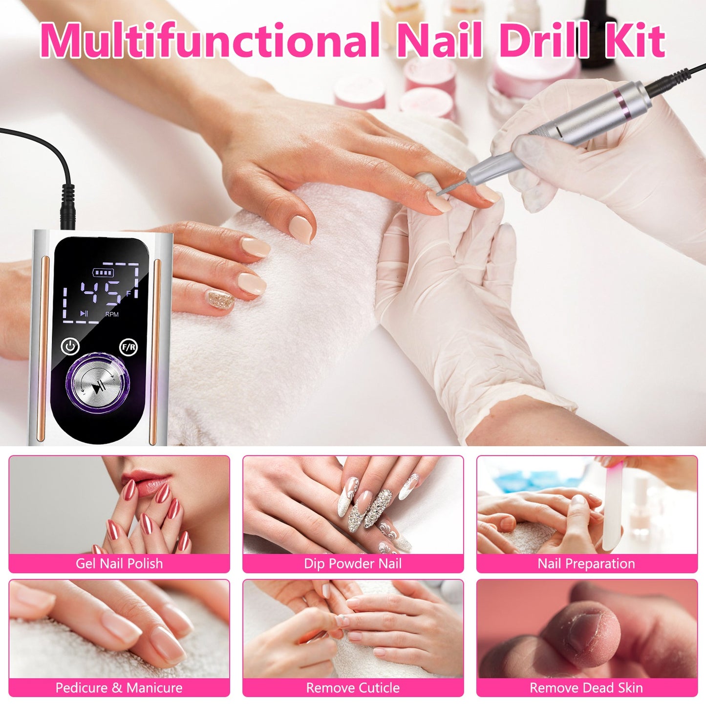 Electric Nail Drill Kit 45000 RPM with 11 Bits & LED Display