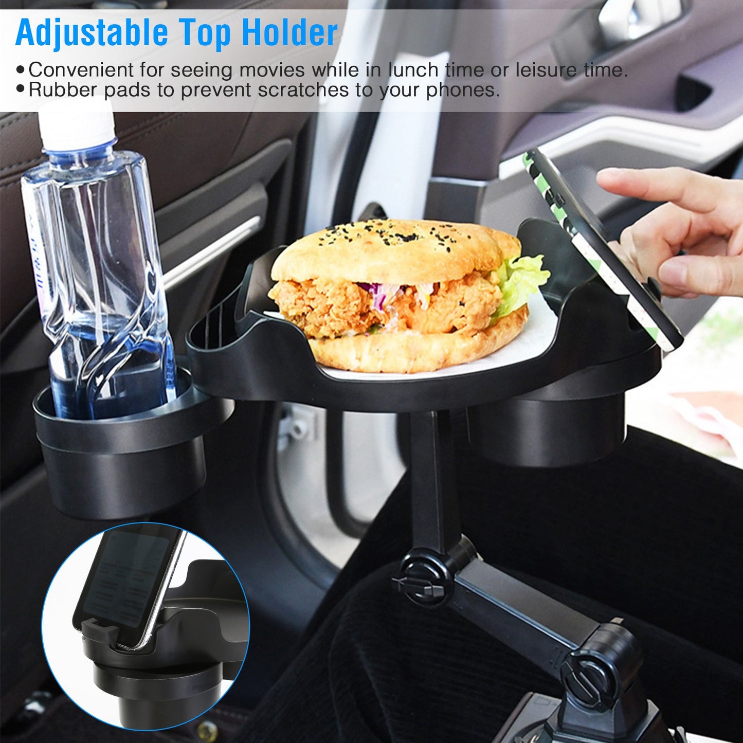 Car Cup Holder Expander with 360° Rotating Tray & Phone Slot