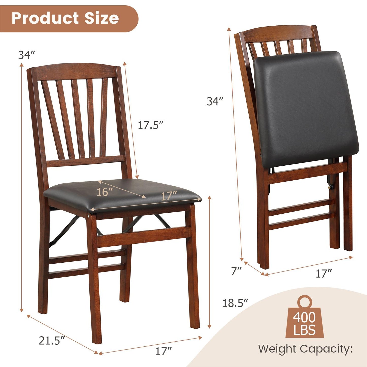 Folding Dining Chairs Set of 2 with Padded Seat