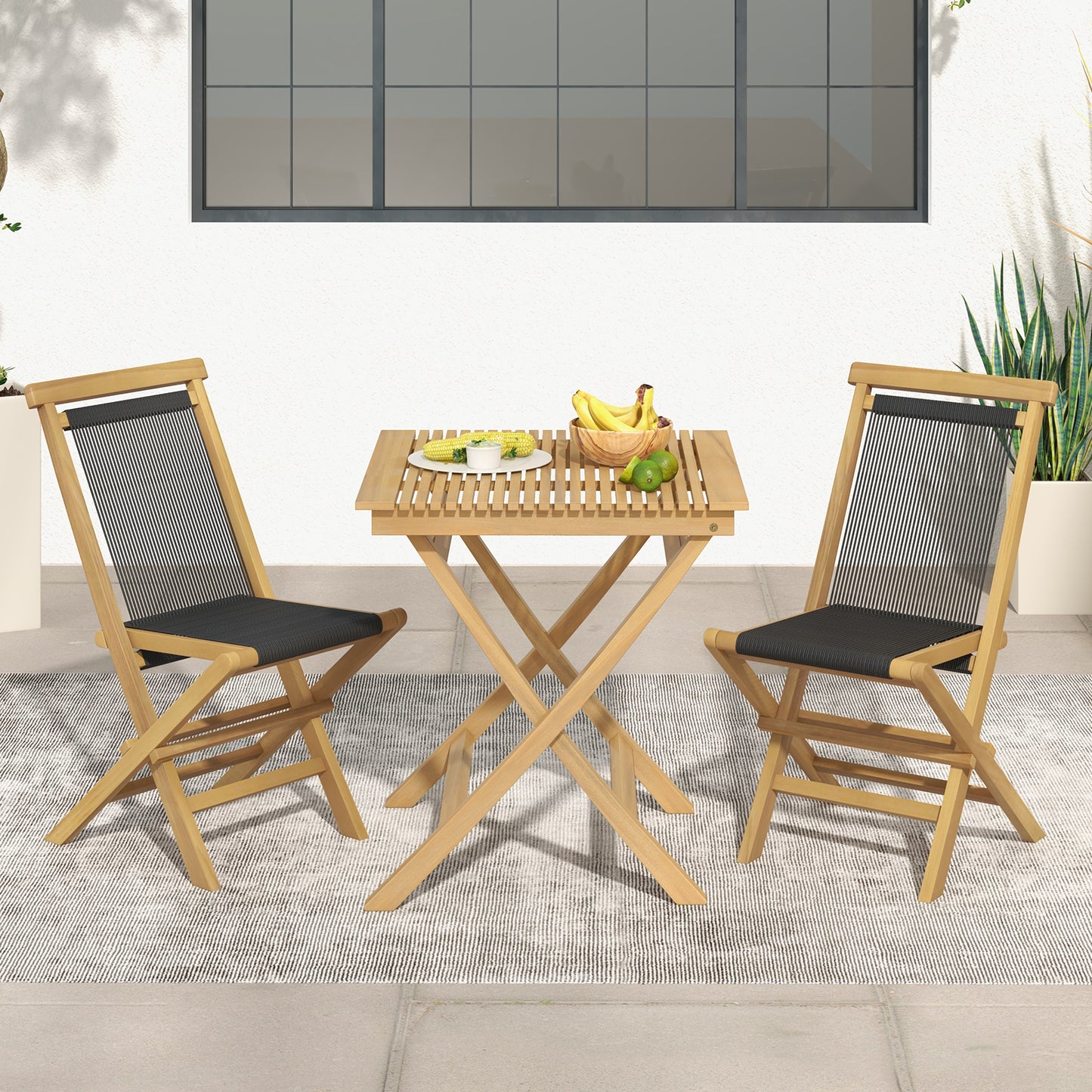 Teak Folding Patio Chairs with Woven Rope Seat (Set of 2)