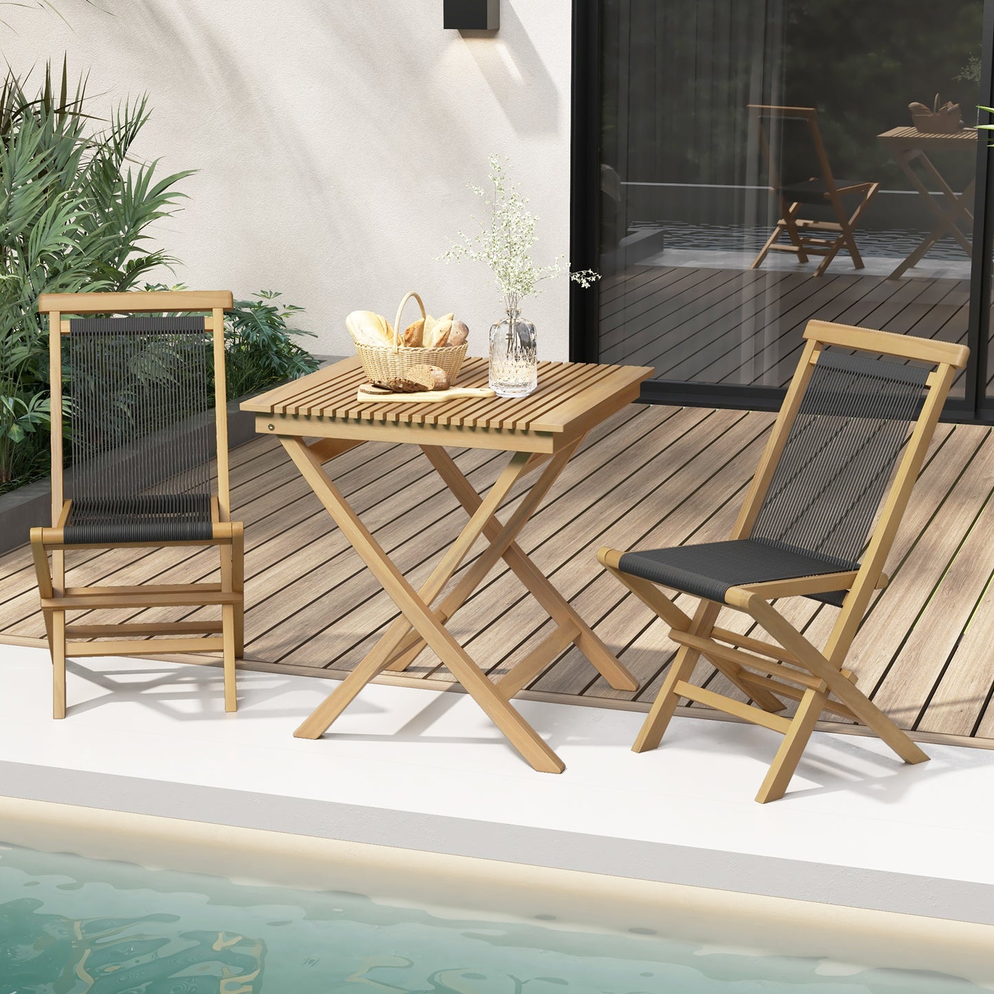 Teak Folding Patio Chairs with Woven Rope Seat (Set of 2)