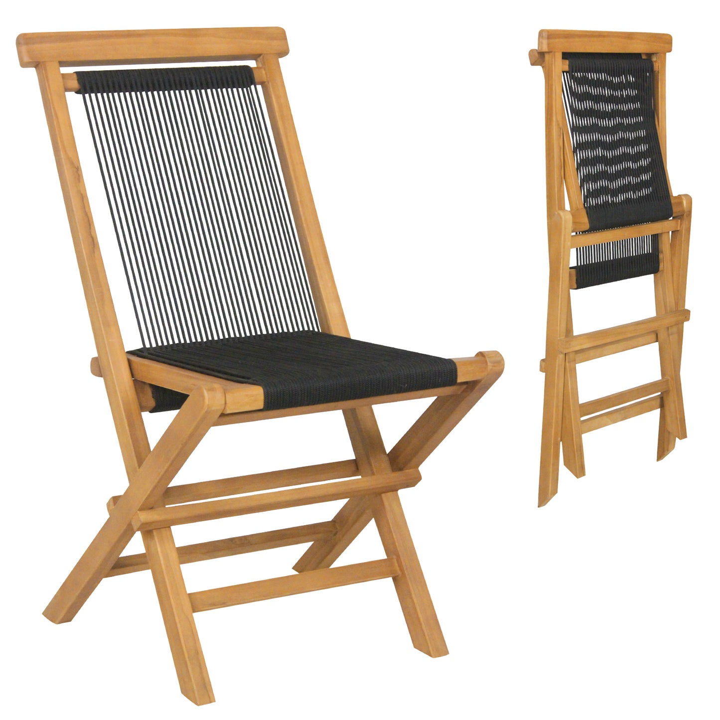 Teak Folding Patio Chairs with Woven Rope Seat (Set of 2)