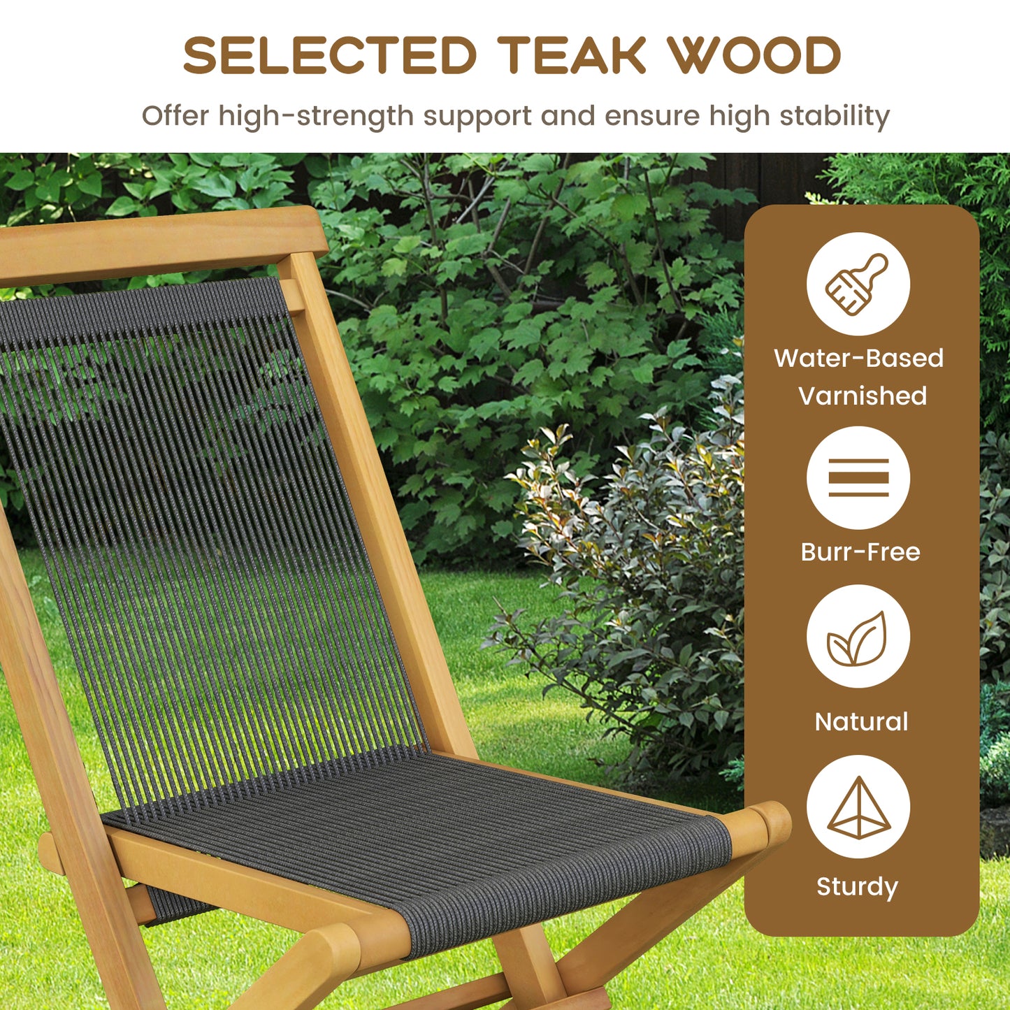 Teak Folding Patio Chairs with Woven Rope Seat (Set of 2)