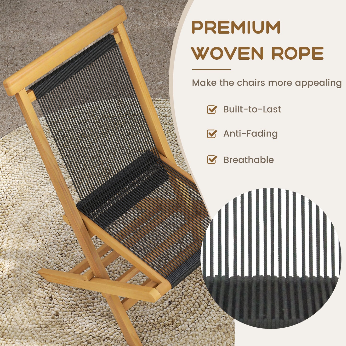 Teak Folding Patio Chairs with Woven Rope Seat (Set of 2)