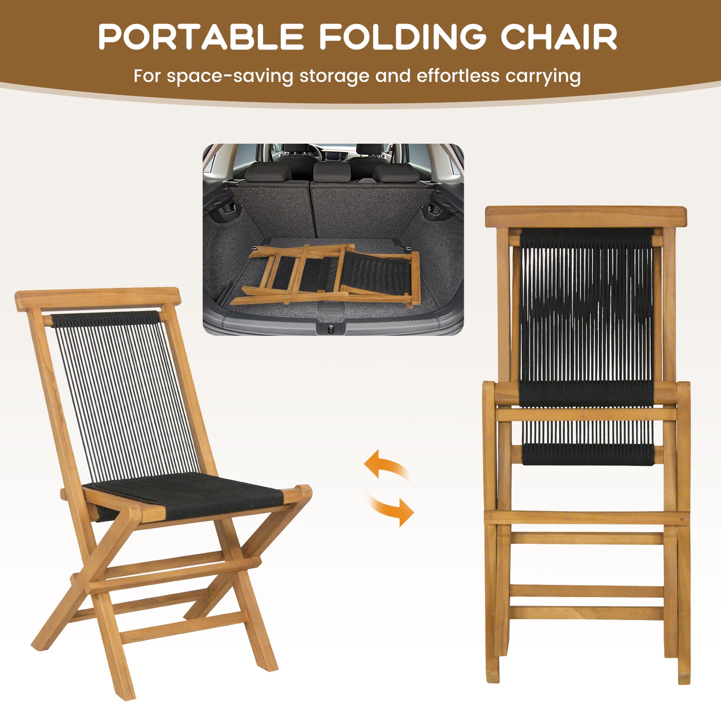 Teak Folding Patio Chairs with Woven Rope Seat (Set of 2)