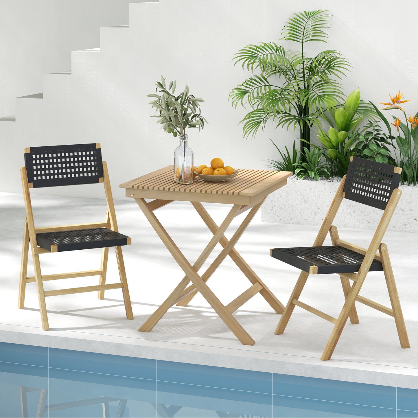 Folding Teak Wood Dining Chairs with Woven Rope Seat Set of 2