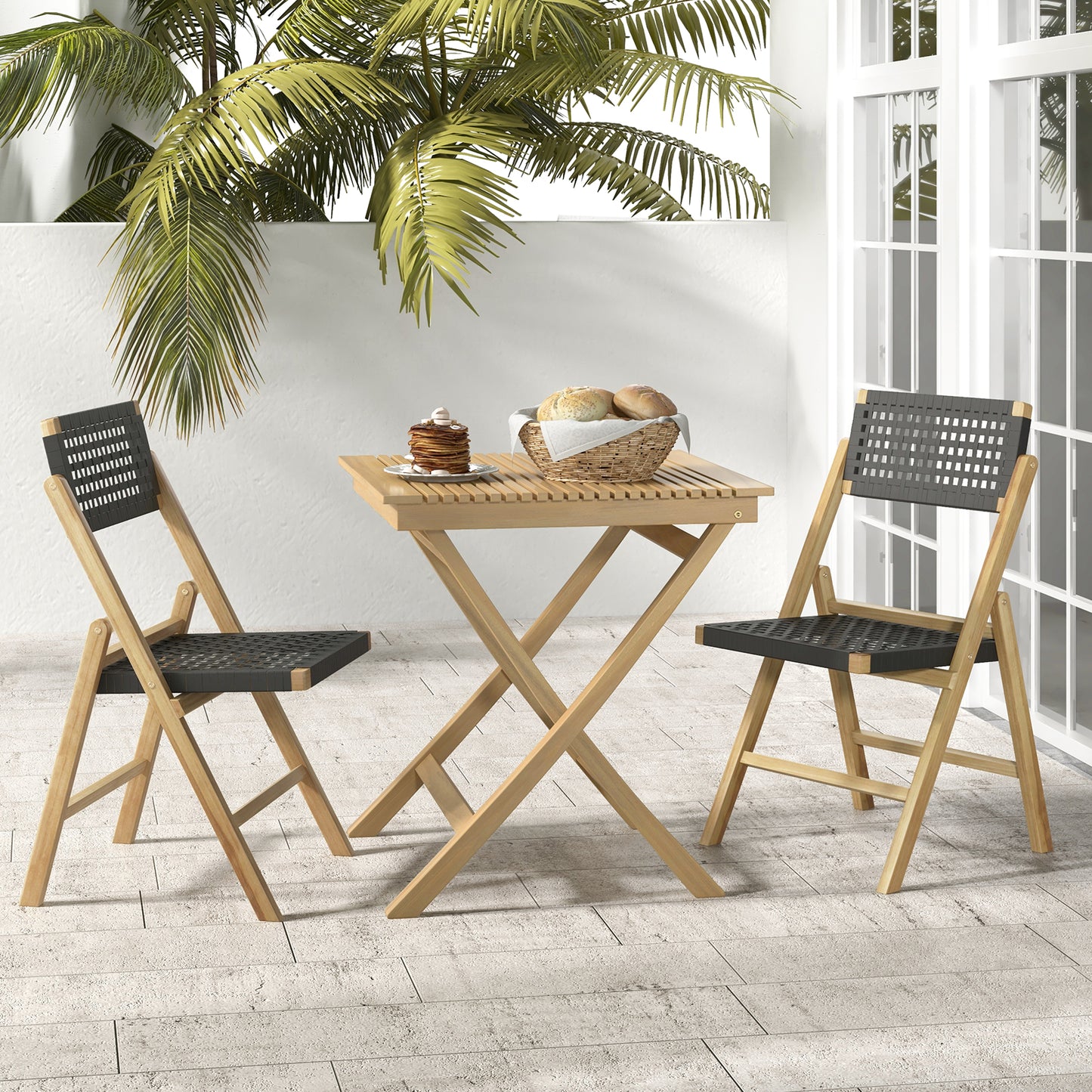 Folding Teak Wood Dining Chairs with Woven Rope Seat Set of 2